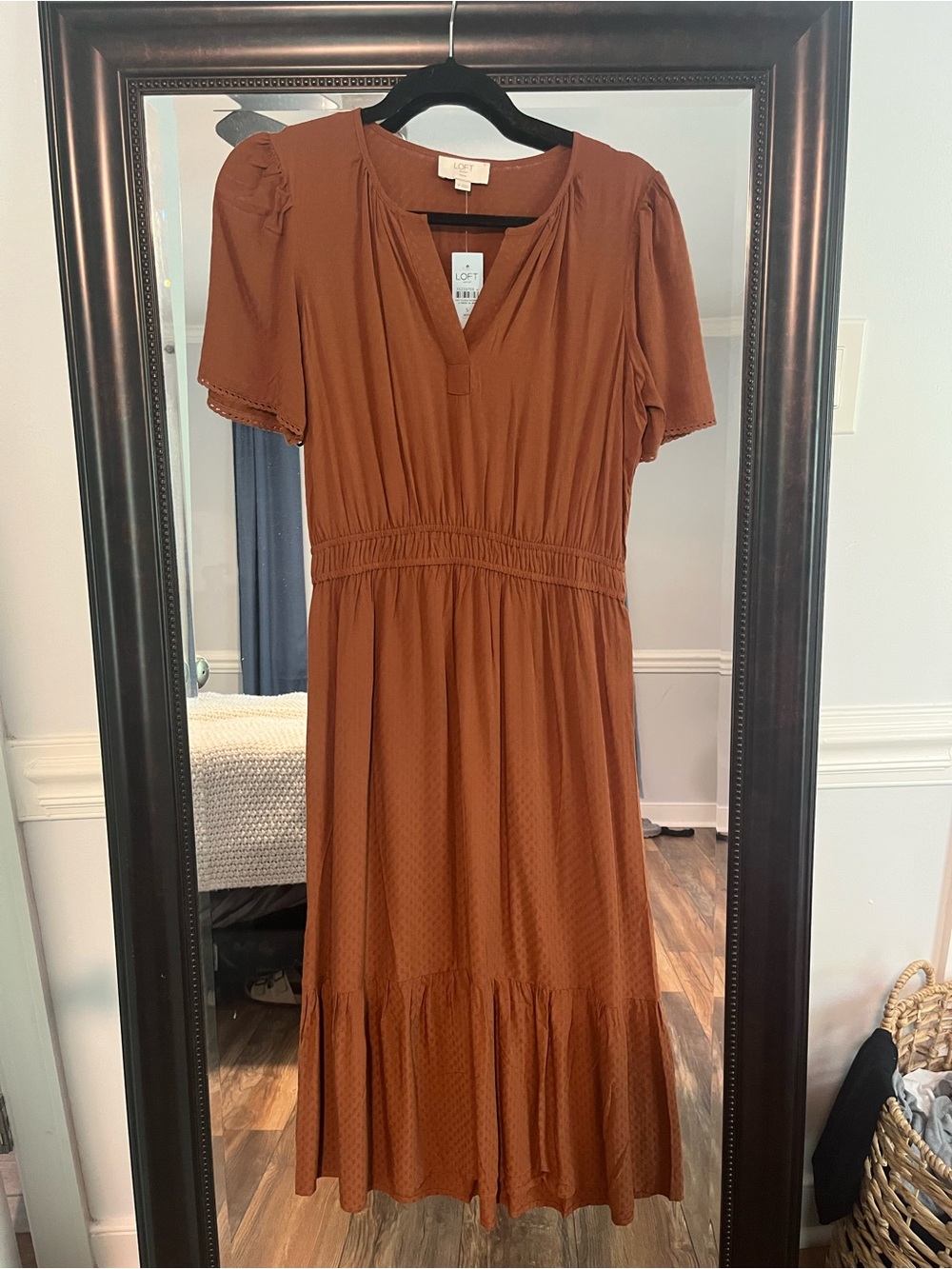 LOFT Rust Midi Dress with Puff Sleeves